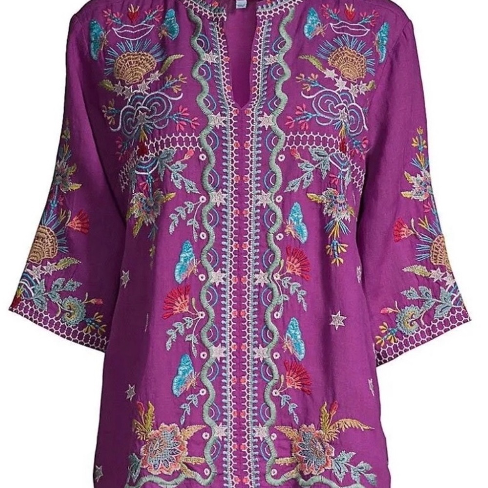 Johnny Was Arzella Purple Embroidered Tunic Top XS NWOT $225 Retail - Picture 9 of 12
